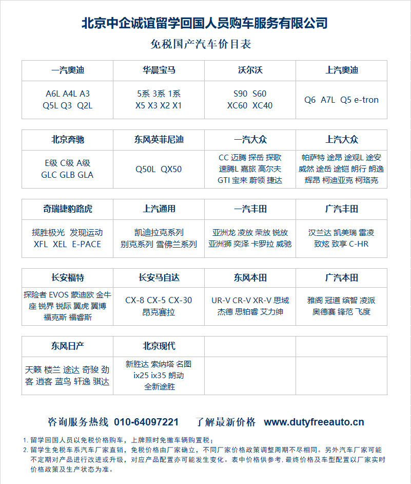 北京中企誠誼留學生免稅車型價格表xls20220519